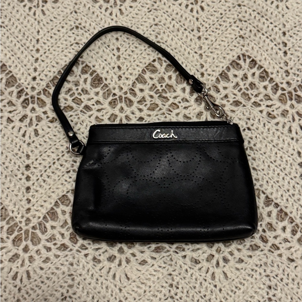 Coach Perforated Black C’s Leather Wristlet Inner Pocket Wrist Strap Mini Wallet